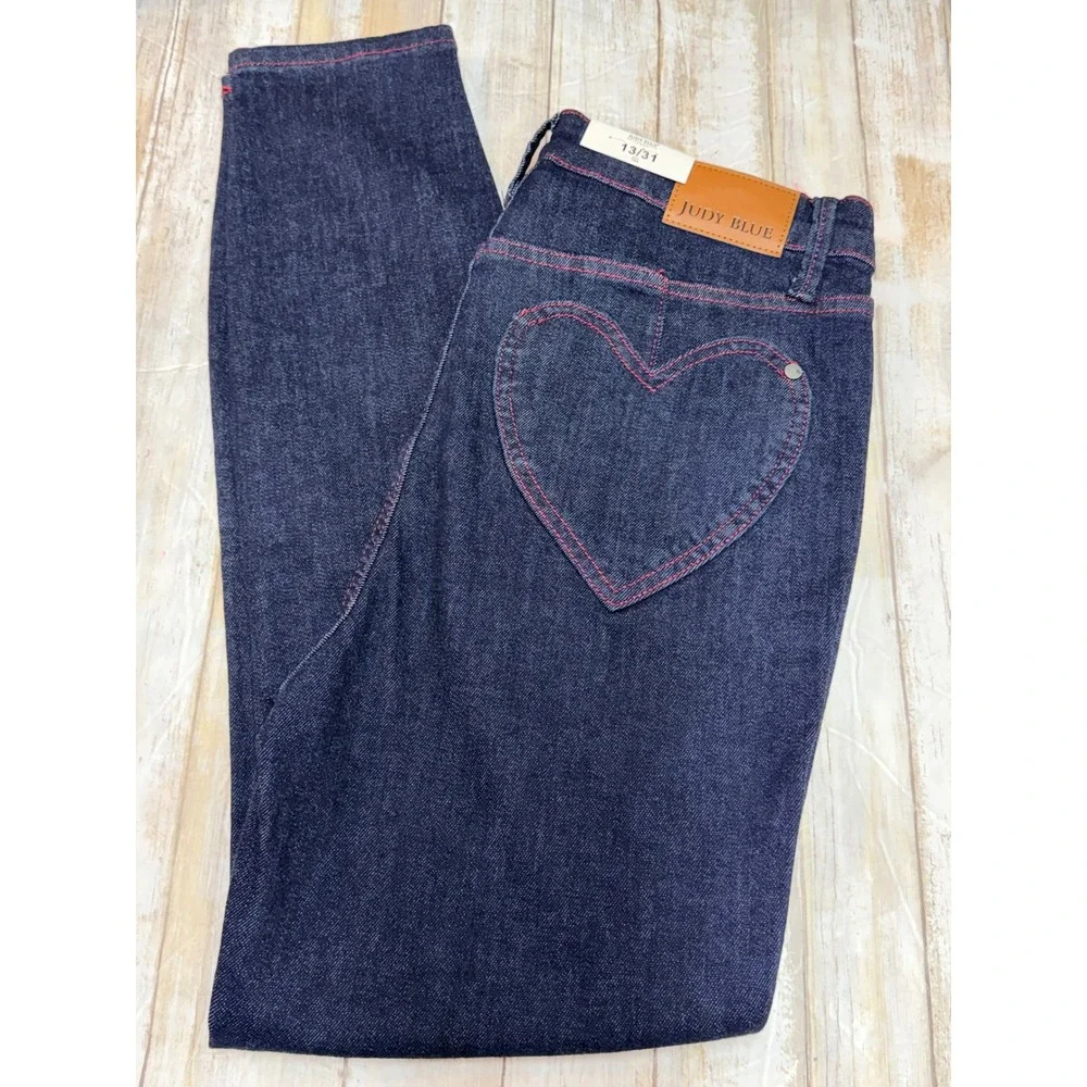 Judy Blue Heart Pocket Skinny Jeans Dark Wash Red Stitching Women's Size  13/31